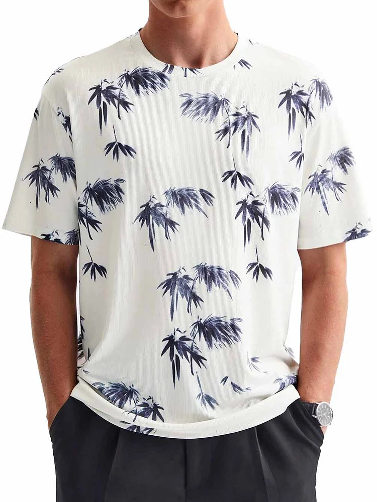 Men's Hawaiian striped fabric coconut print round neck short-sleeved T-shirt