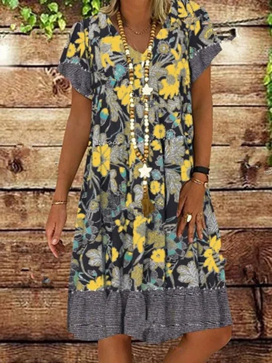 Sonicelife High quality plus size loose women dress 2023 summer dress fashion casual V-neck short sleeve printed women dresses 6xl 0424