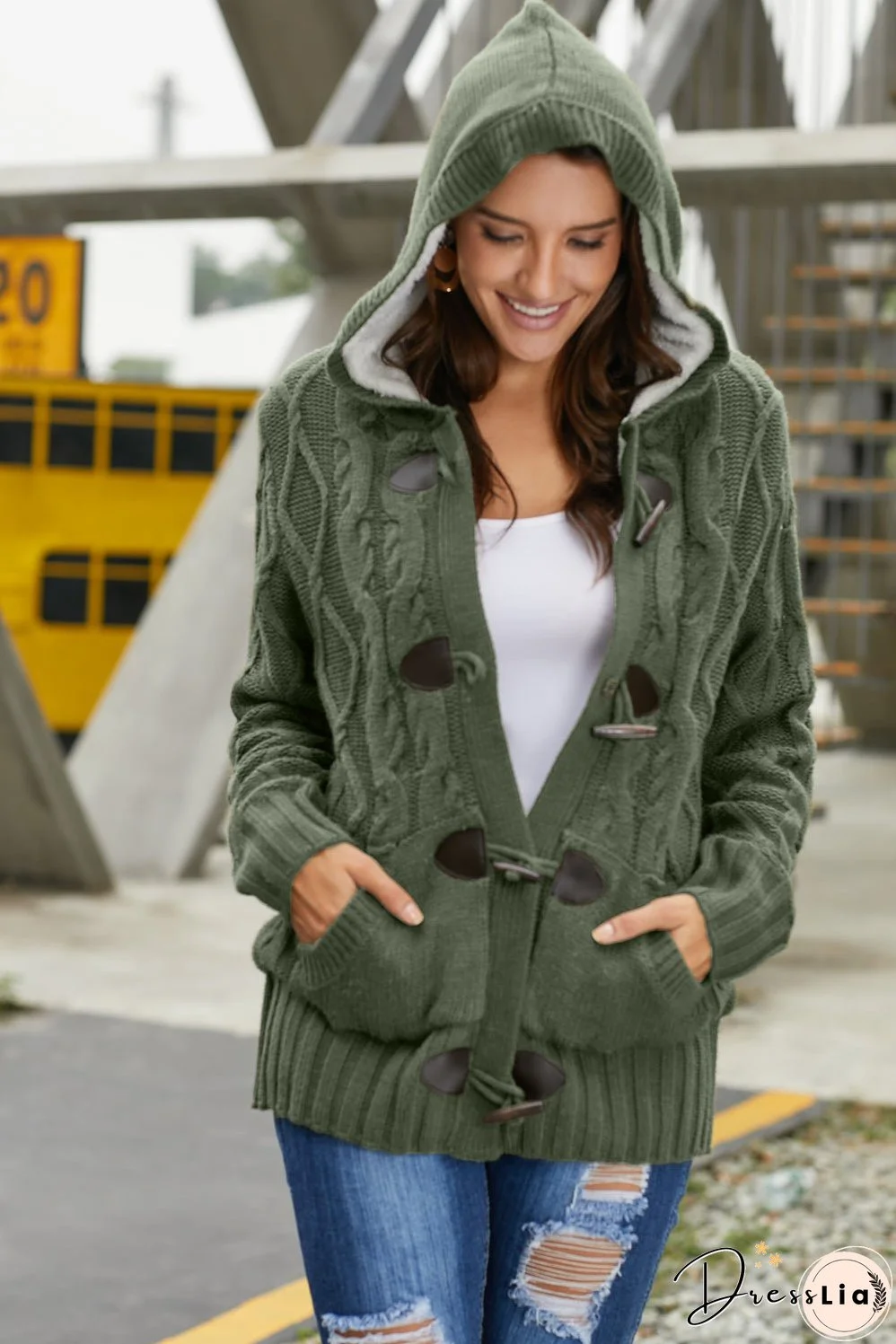 Winter Army Green Fur Hood Horn Button Sweater Cardigan
