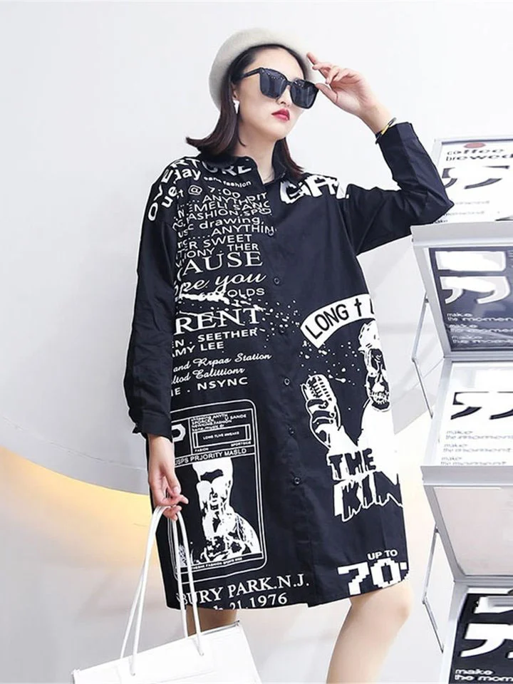Street Black Lapel Contrast Color Letter Printed Pockets Long Sleeve Shirt Dress