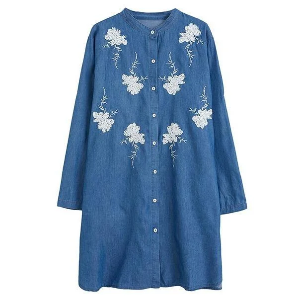 omychic plus size denim vintage floral women casual loose mini short autumn shirt dress