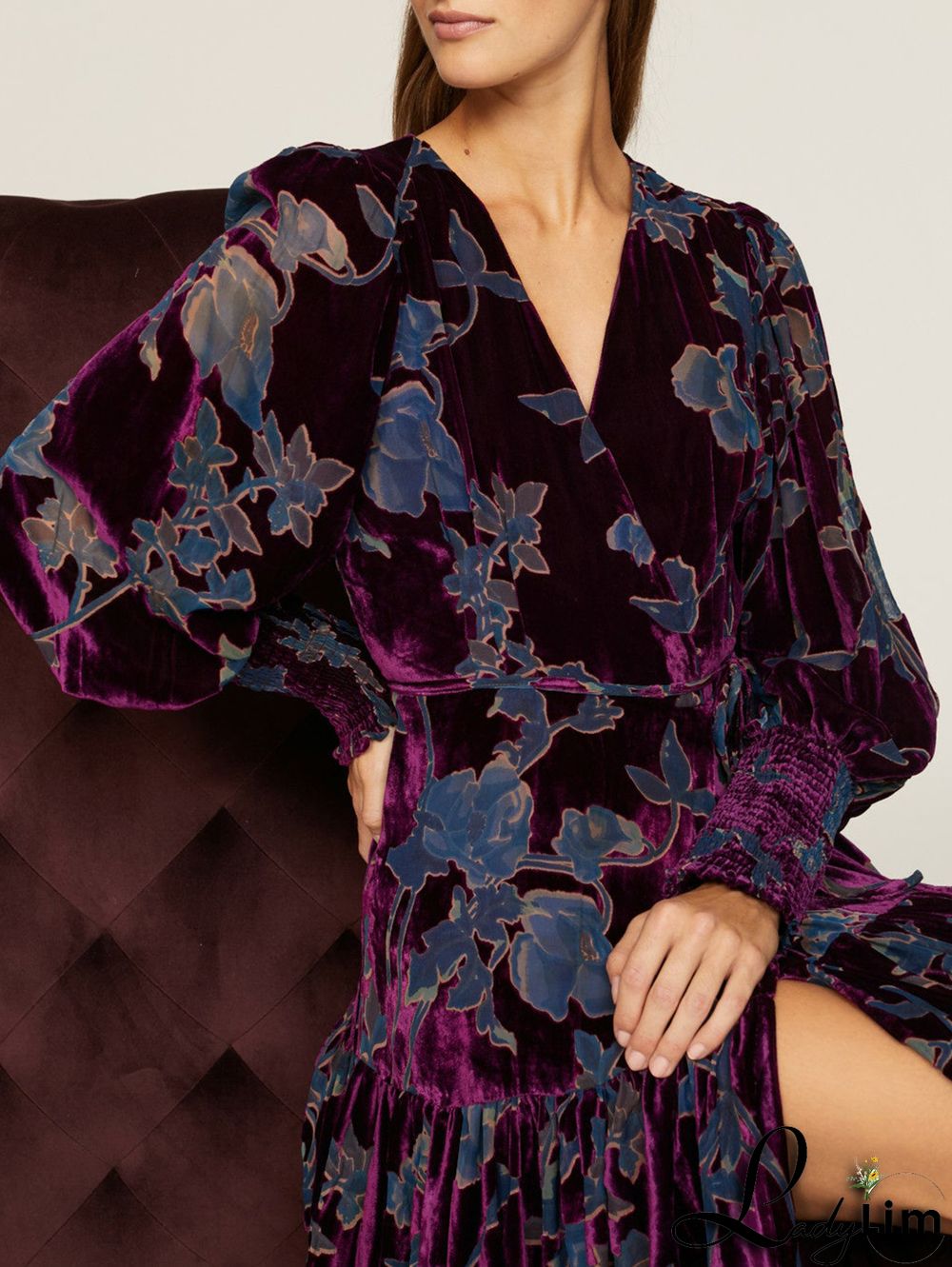 Elegant Floral V Neck Lantern Sleeve Velvet Gown Maxi Dress