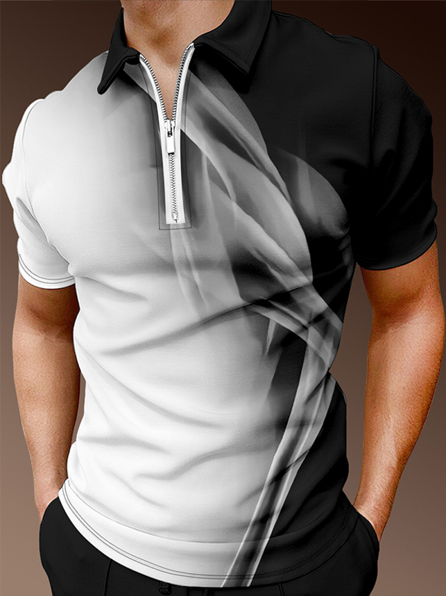 Men's Black and White Gradient Mixed Printing Casual Polo Shirt