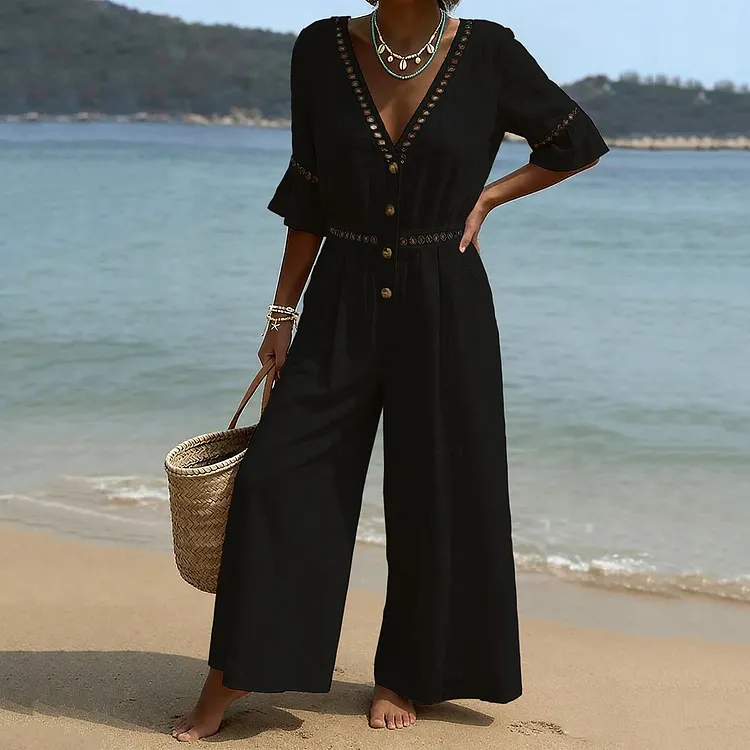 Stylish Lace-trimmed Cotton-linen Jumpsuit