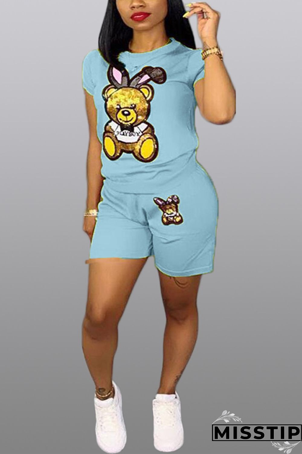 Light Blue Casual Fashion Patchwork Sequin Straight