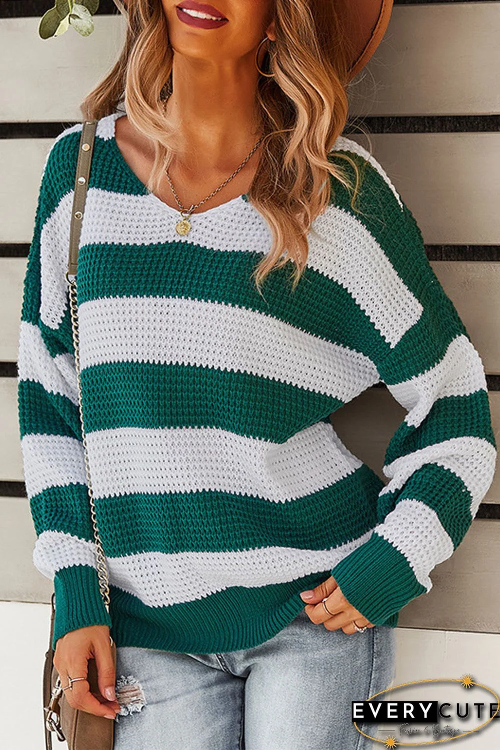 Green Striped Colorblock Knit Sweater