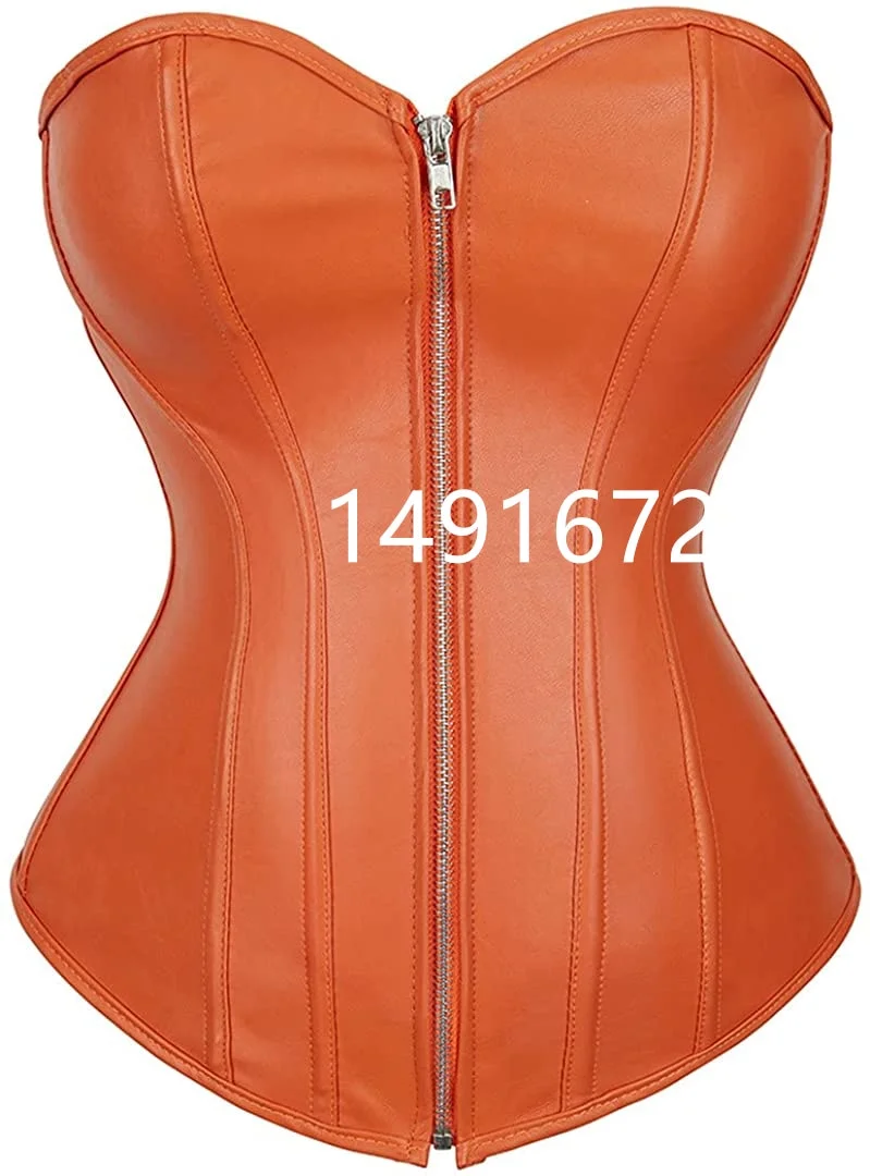 Sapubonva sexy women leather corset burlesque costumes lace up zipper shiny corset bustier overbust body shaper plus size black