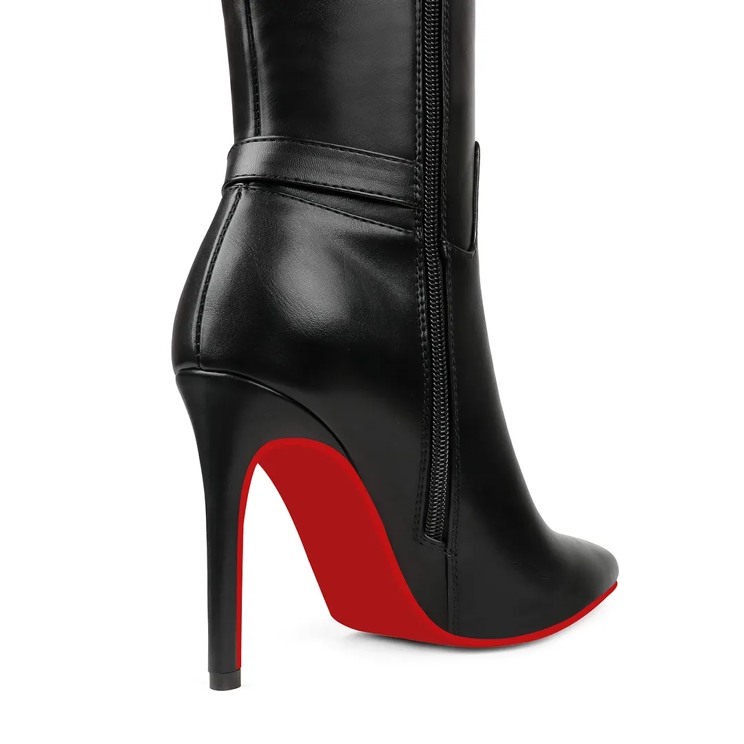 100mm Fashion Zipper Red Bottoms High Heels Metal Buckle Knee Boots-vocosishoes