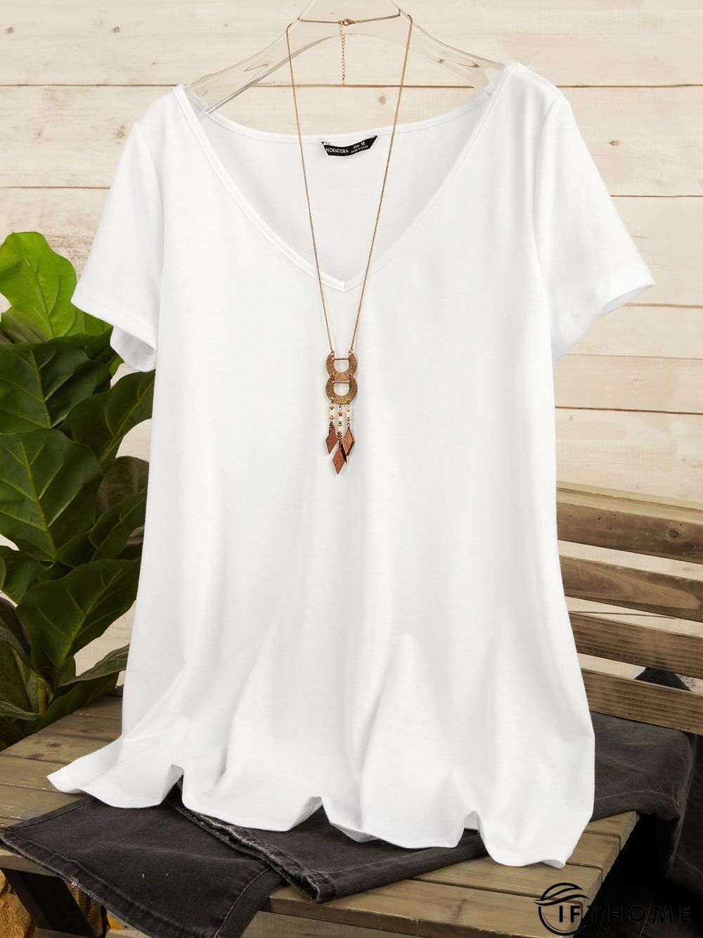 Women's White V neck Plain Cotton Blend Short Sleeve Casual Tunic T-Shirt | IFYHOME