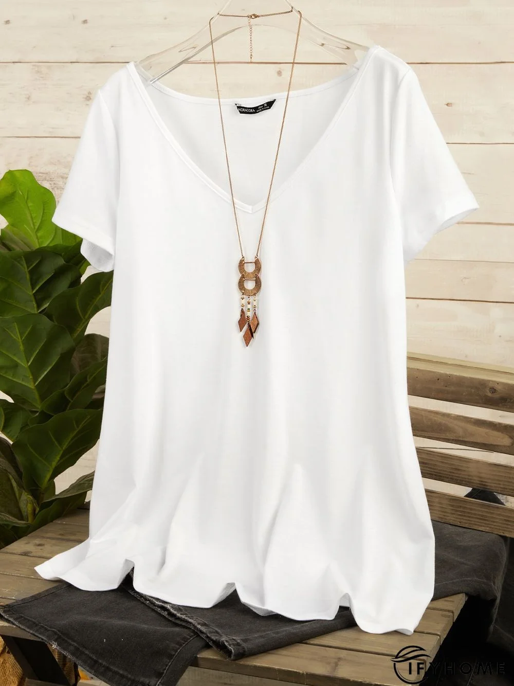 Women's White V neck Plain Cotton Blend Short Sleeve Casual Tunic T-Shirt | IFYHOME