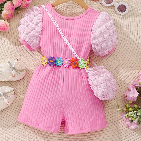 【2Y-7Y】Girls Floral Puff Sleeve Jumpsuit With Bag