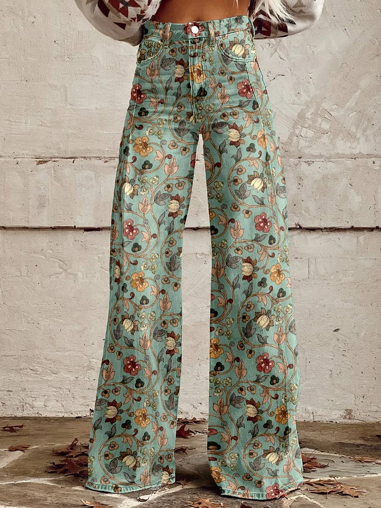 Women's Flower Print Casual Wide Leg Pants