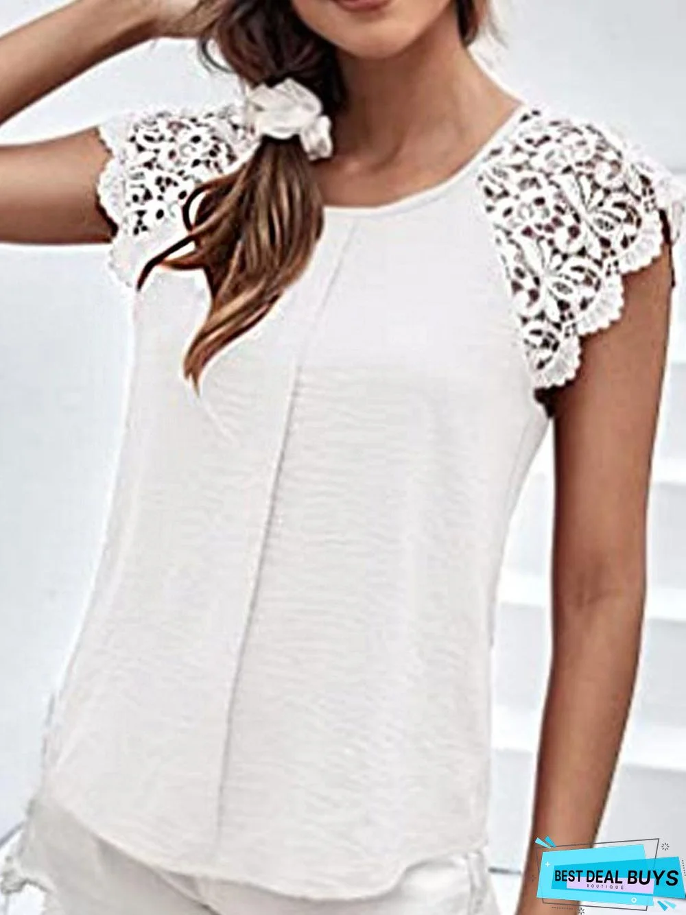 Casual Round Neck Solid Color Stitching Lace Short Sleeves Blouse