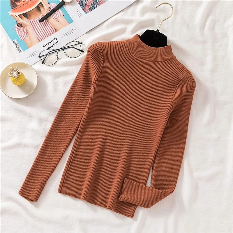 Zoki Autumn Women Pullover Sweater Half Turtleneck Long Sleeve Knitted Jumper Winter Elastic Solid Basic Ladies Blouse New 2021
