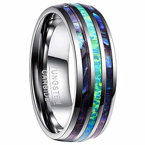 Women's Or Men's Tungsten Carbide Wedding Band Matching Rings,Silver Tone Multi Color Blue/Green Opal and Rainbow Abalone Shell Inlay Ring Organic colors With Mens And Womens For Width 6MM 8MM