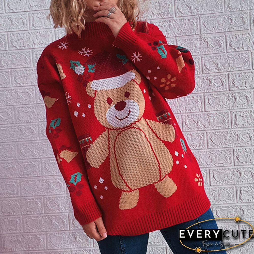 Red Christmas Bear Snowflake Pattern Pullover Sweater