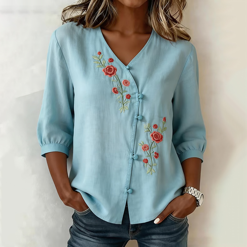 Comstylish Women's Modified Beaded Button-down Embroidered Cotton-linen Shirt