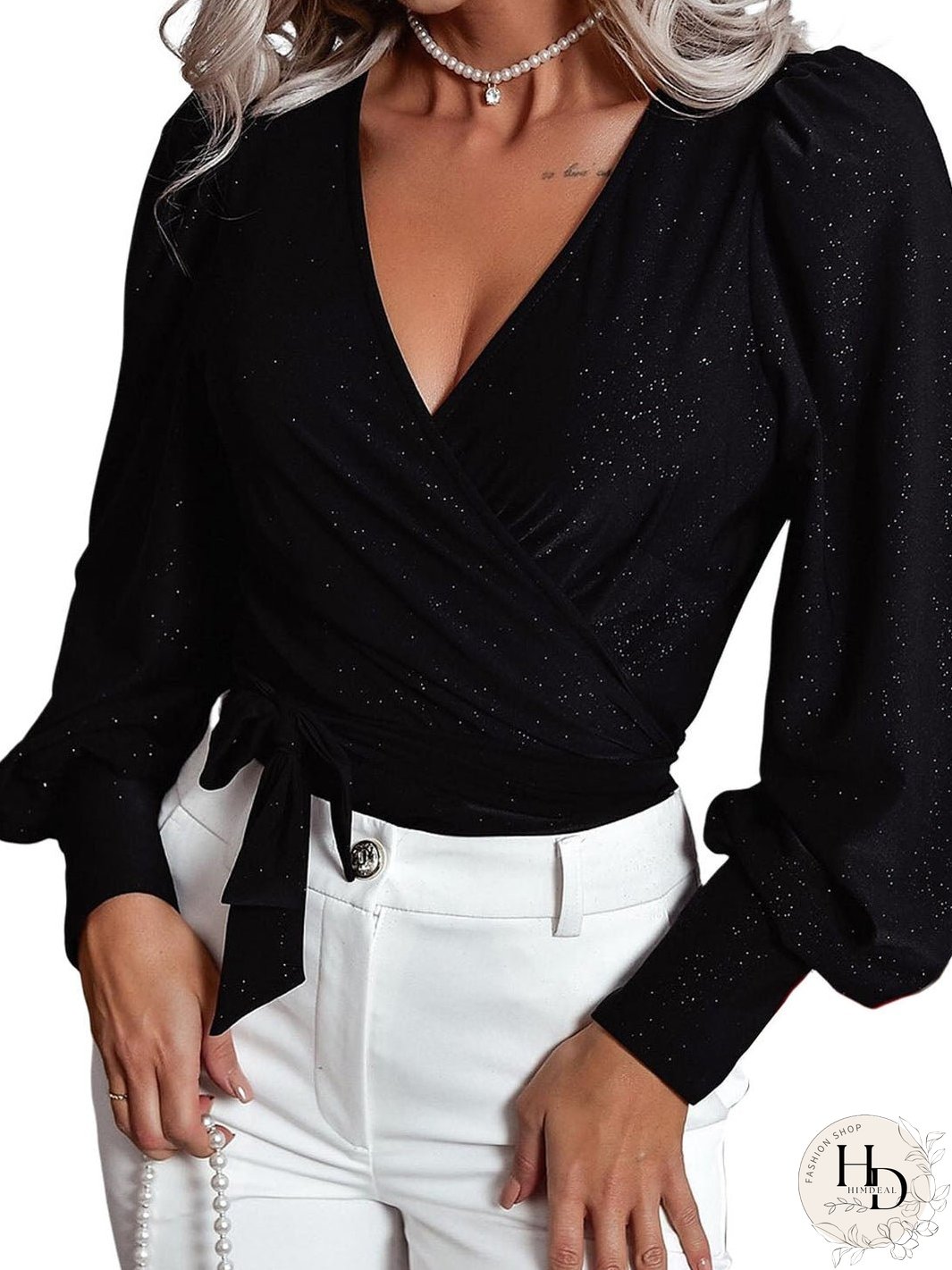Shimmering Black V Neck Puff Sleeve Wrap Blouse
