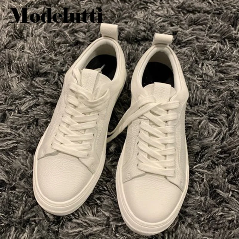 Modelutti 2022 Spring Autumn England Style Fashion Genuine Leather Cowhide Casual Vulcanized Pure White Shoes Sneakers Woman