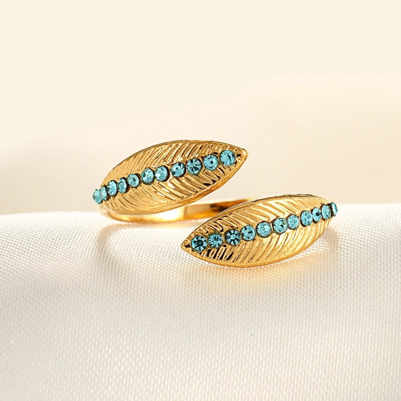 2 Pieces Modern Style Classic Style Geometric Leaf Heart Shape 304 Stainless Steel Zircon 18K Gold Plated Plating Open Rings