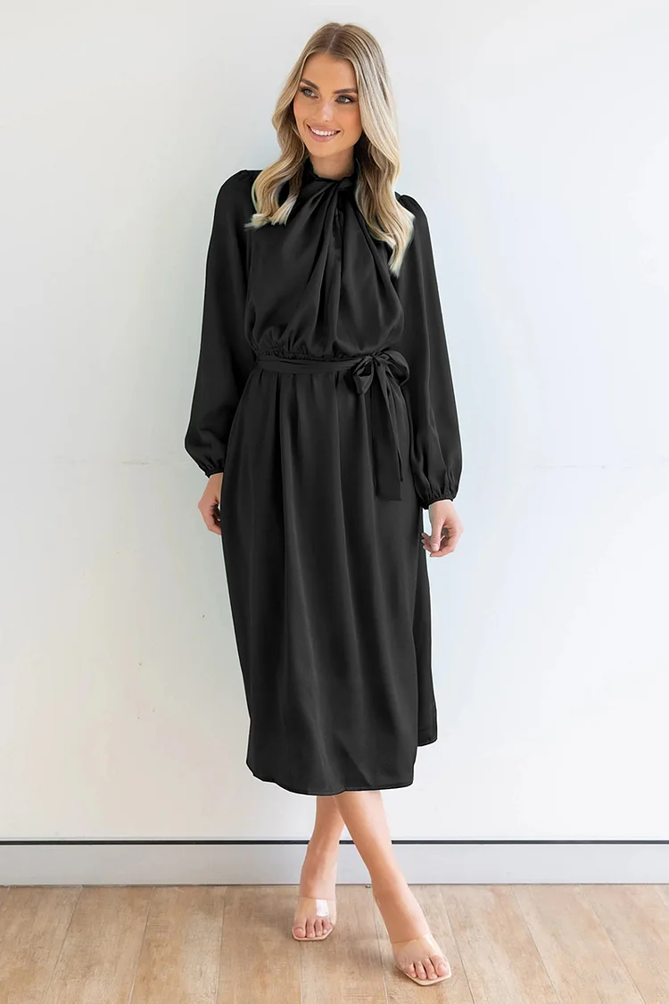 Ruched Knotted Long Sleeve Satin Midi Dresses
