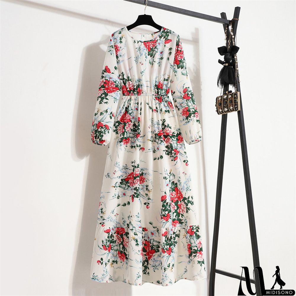 MidiSono - Women Fashion Casual Floral Print Round Neck Long Sleeve Maxi Dress