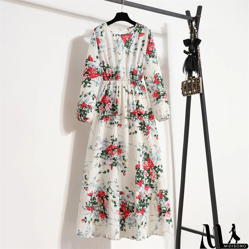 MidiSono - Women Fashion Casual Floral Print Round Neck Long Sleeve Maxi Dress