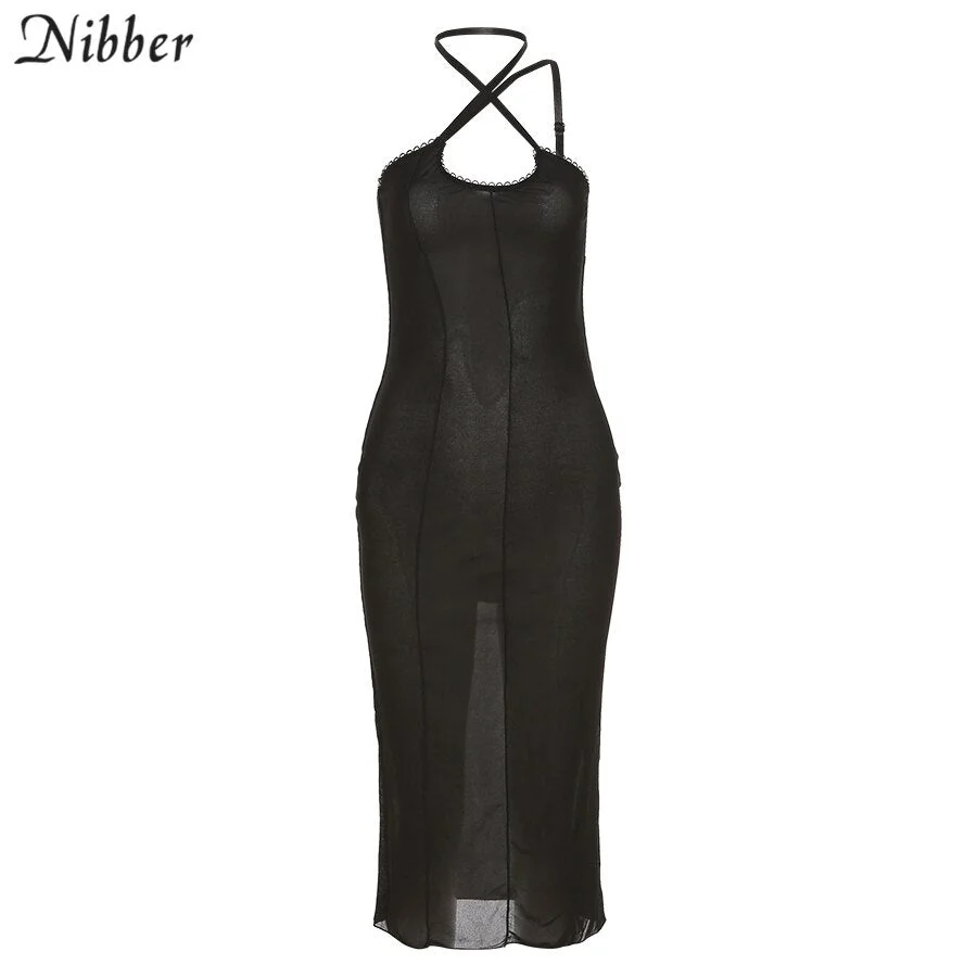 Nibber Y2k Black Sexy Transparent Maxi Bandage Dresses Women Lacework Sleeveless Halter Birthday Party Clubwear 2021 Summer