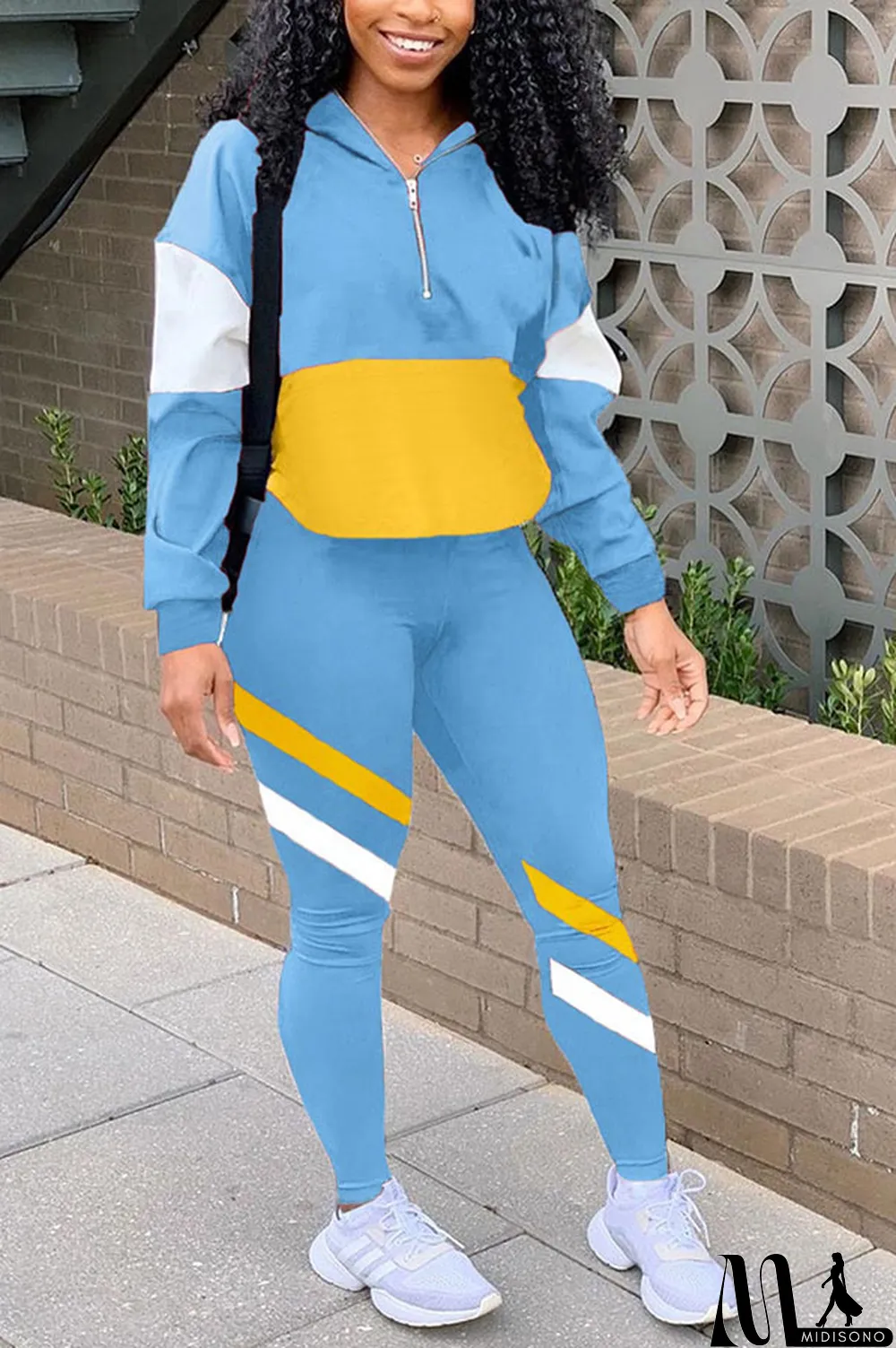 MidiSono - Fluorescent green Casual Striped Print Zippered Split Joint Mandarin Collar Long Sleeve Two Pieces