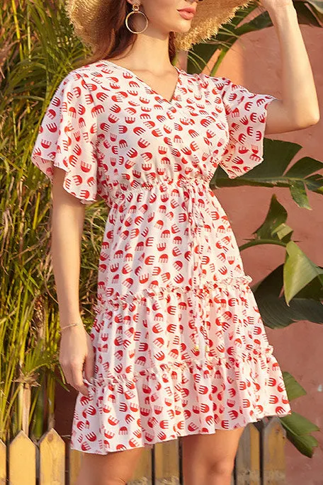 V-neck Frilled Waist Ruffles Printed Dress
