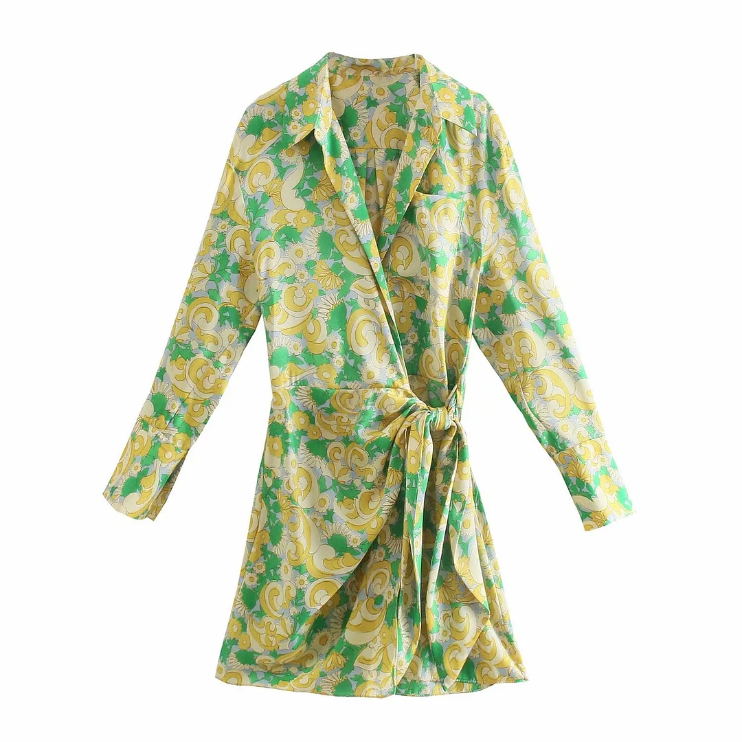 Zevity 2021 Women Vintage Floral Print Casual Slim Mini Shirt Dress Female Chic Long Sleeve Bow Tied Wrap Kimono Vestidos DS8346