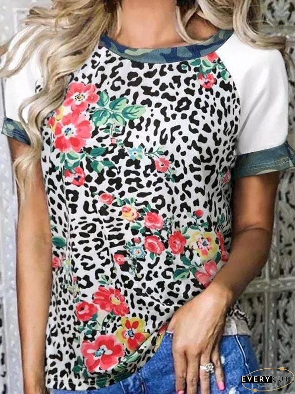Flower Leopard Print Short Sleeve Crew Neck T-Shirt for Women
