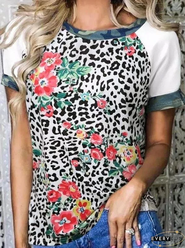 Flower Leopard Print Short Sleeve Crew Neck T-Shirt for Women