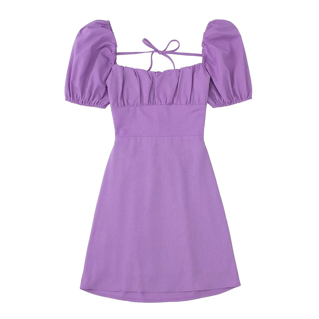 Light Purple Square Neck Slim Waist Mini Dress