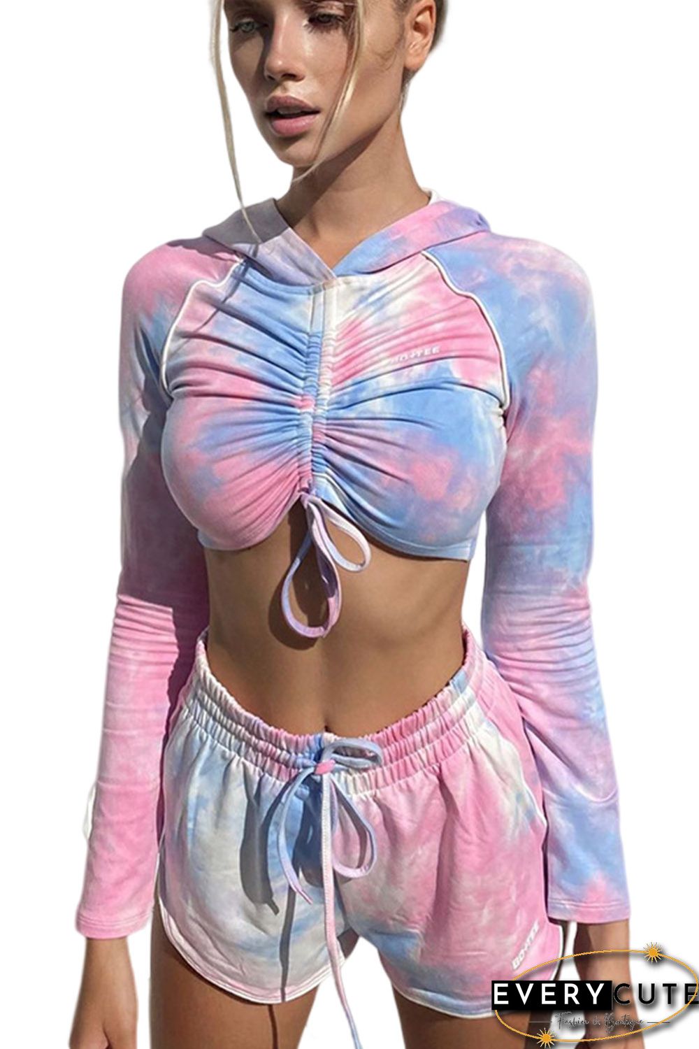 Multicolor Tie Dye Print Drawstring Crop Top and Shorts Active Set