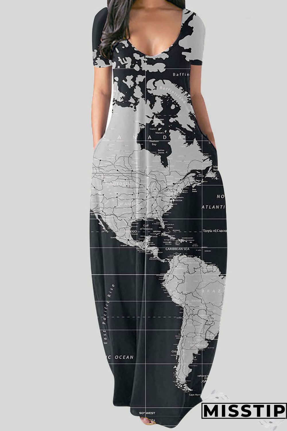 Black Casual Print Patchwork V Neck Straight Dresses