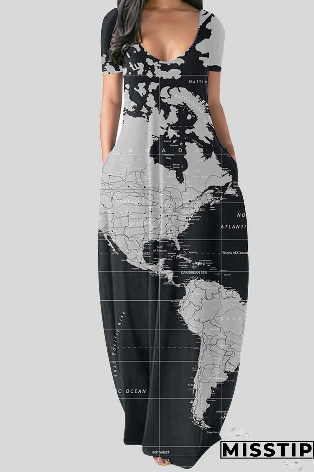 Black Casual Print Patchwork V Neck Straight Dresses