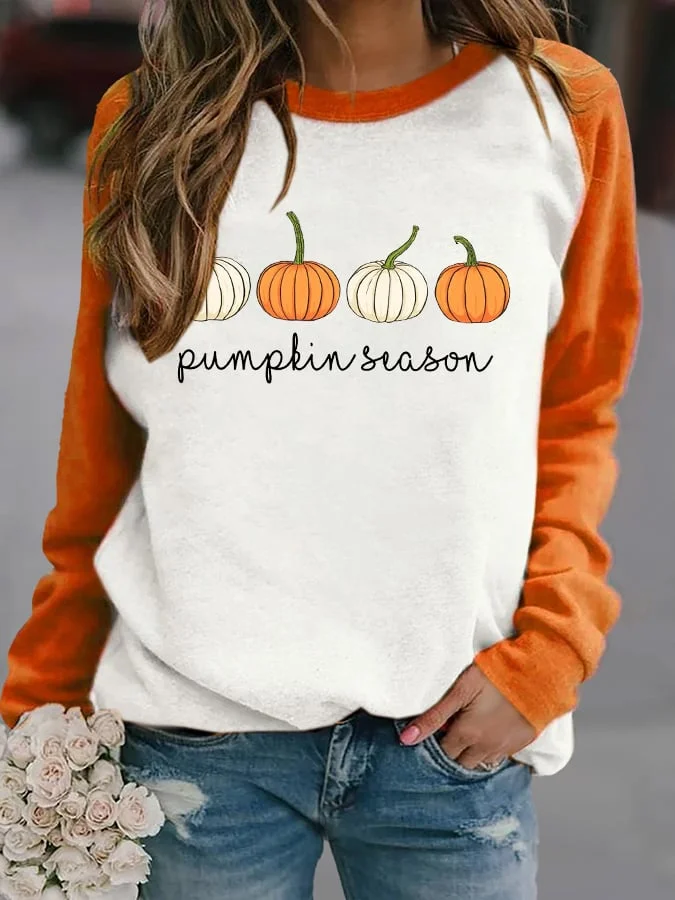 Pumpkin Season Print Color Block Sweatshirt