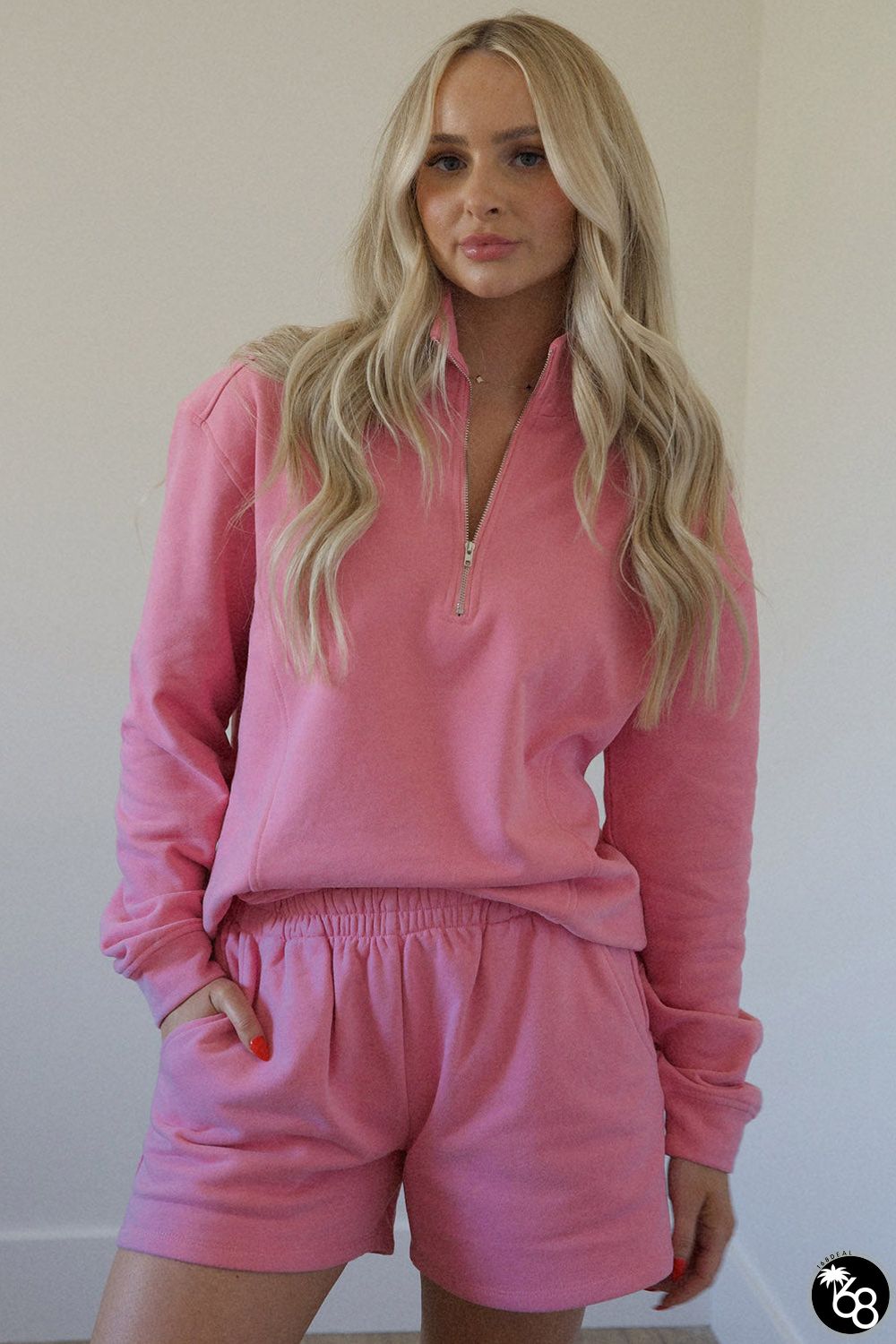 Bonbon Quarter Zip Long Sleeve Top and Shorts Outfit | 168DEAL