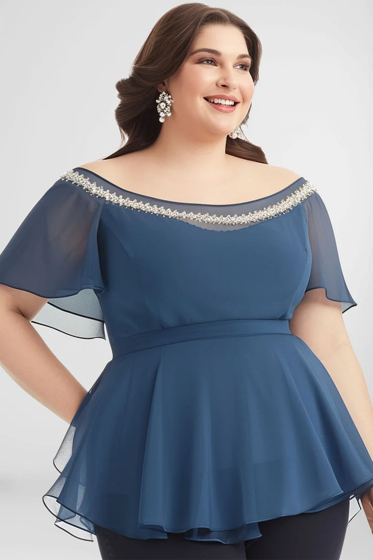 Flycurvy Plus Size Everyday Blue Off The Shoulder Crop Blouse  Flycurvy [product_label]