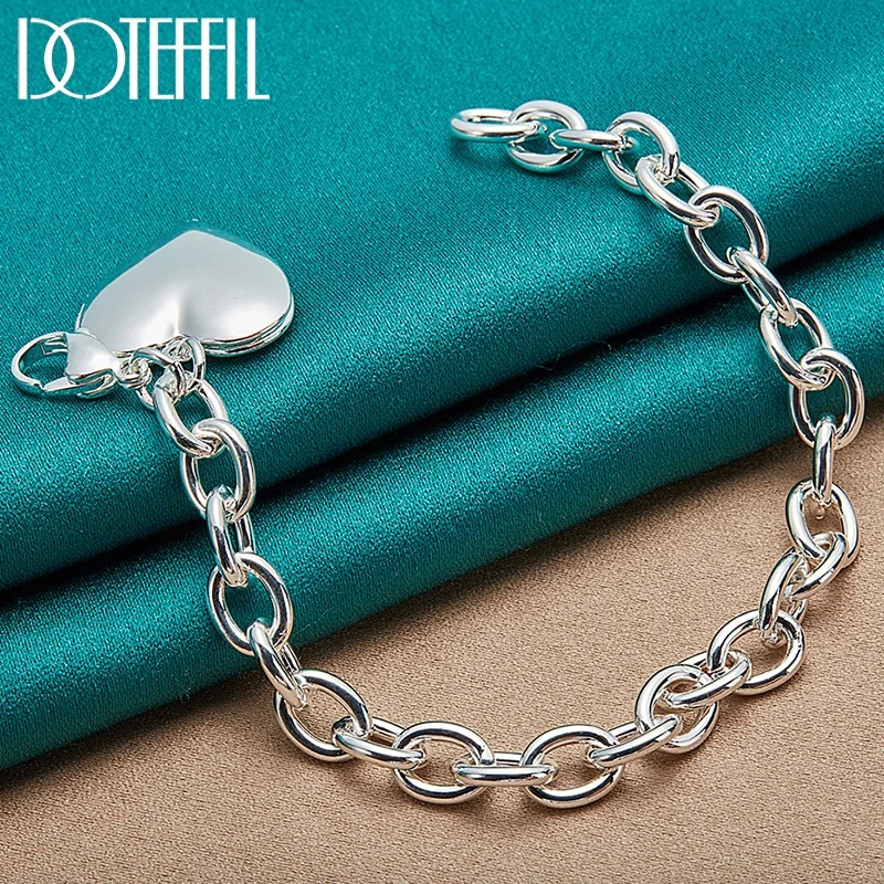 925 Sterling Silver Smooth Heart Photo Frame Pendant Bracelet For Woman Man Jewelry