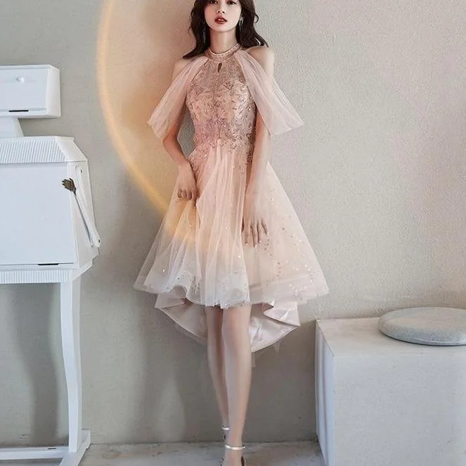 Appliques Sequined Tulle Prom Gowns For Graduation Party Halter Short Dresses SP17302