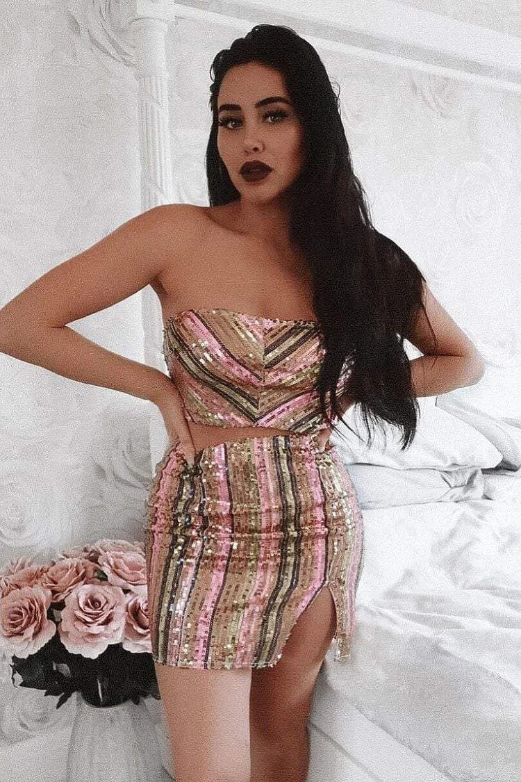 Marnie Pink Stripe Sequin Bandeau & Skirt Co-ord Katch Me