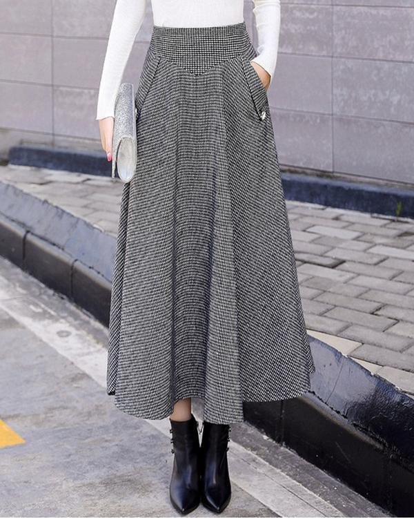 women woolen elegant high waist plaid skirts p148038