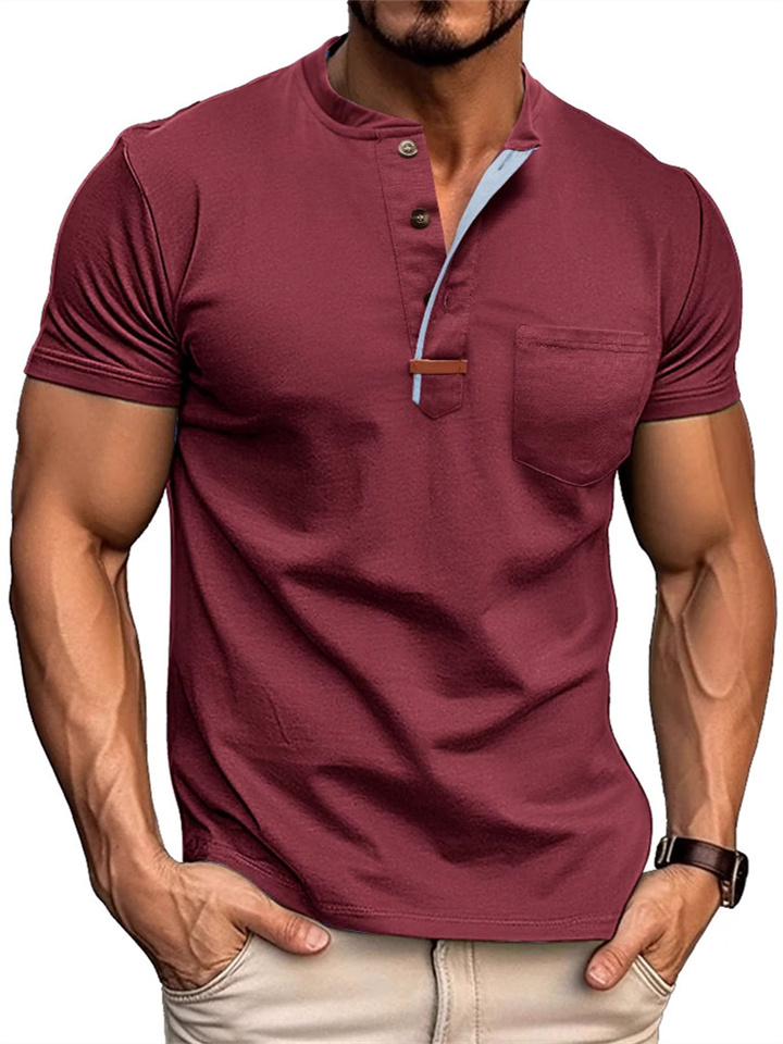 Summer Men's Short-sleeved T-shirt Men's Round Neck Henley Collar Casual Tops