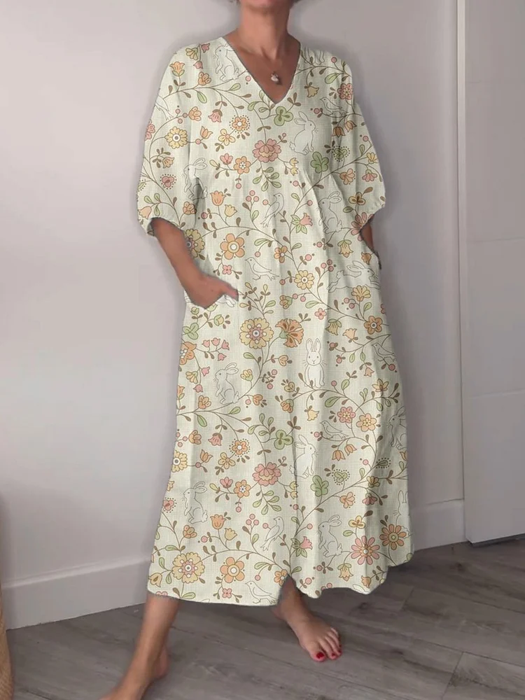 Women's Fresh Floral Bunny Print Pocket V-neck Cotton Dress
