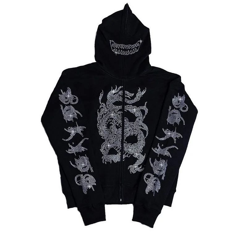 Rhinestone Dragon Streetwear Full Zip Up Hoodie Coats at Hiphopee