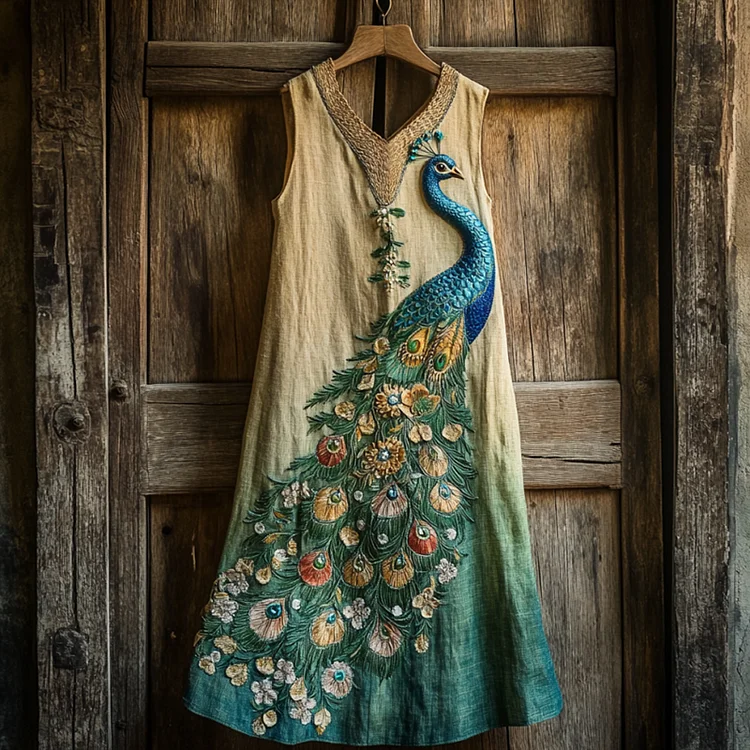 Vintage Peacock And Floral Embroidery In Gradient Pattern Sleeveless Midi Dress