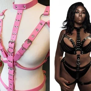 pornhint Pornhint US Size 2-30+ Pink Plus Size Studs Eyelets Bra Leg Straps PVC Synthetic Leather Bondage Set BDSM Body Restraints Thigh Cuffs Choker