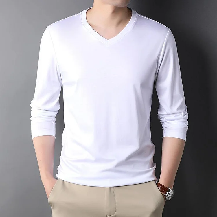 Enanhua  2025 Brand New Cotton Long-Sleeved t-Shirt Men's V-Neck Solid Color All-Match Middle-Aged Men's Bottoming Shirt Tops